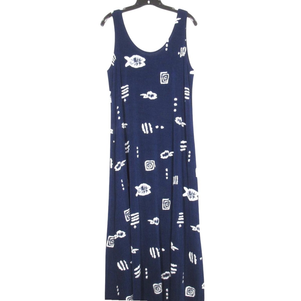 Vtg JOSTAR Navy FISH PRINT Travel Knit Wrinkle Resistant Sleeveless Tank Dress L